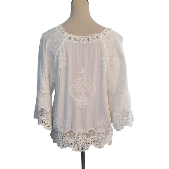 Democracy Crochet Lace Embroidered White Bell Sleeve Top Sz M Cottagecore Boho - Picture 2 of 10